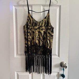 Astr Black and Gold Fringe Tank Top